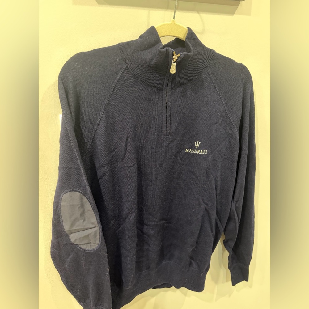 Maserati Men's Navy 1/4 Zip Sweater, 100% wool, made in Italy. New with tag